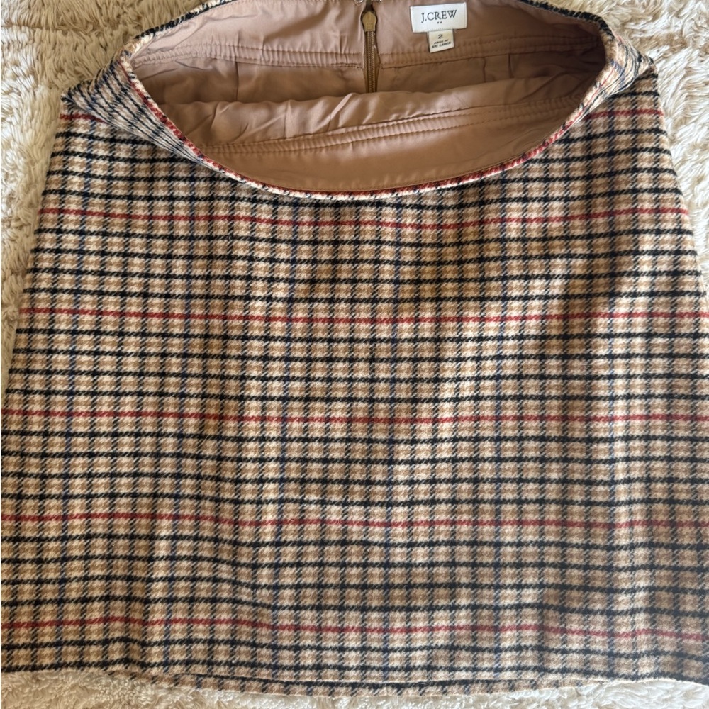 J. Crew Plaid A-Line Wool Blend Skirt in Tan, Navy & Red
